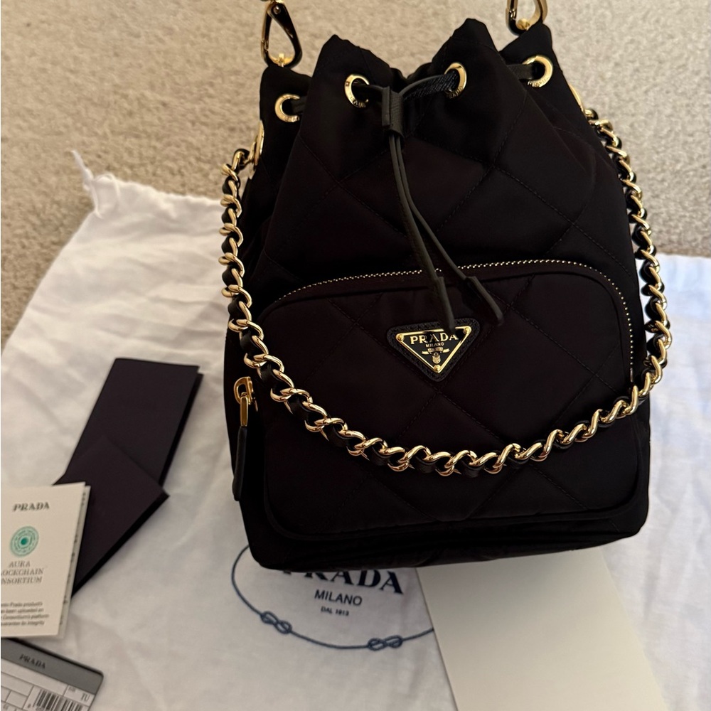 Prada Re Nylon Black Quilted Bucket Bag with Strap - Picture 12 of 13